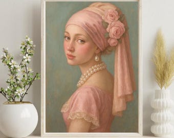 Girl in the Pearl Earring Art Print, Classic Vintage Decor, Pink Vermeer Inspired Wall Art, Fine Art Portrait, Marie Antoinette Inspired Art
