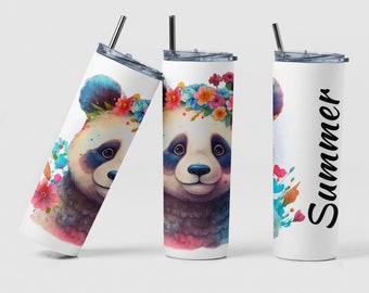 Panda Tumbler, Custom Cute Happy Panda Tumbler Gift for Birthday Girl, Personalized Watercolor Panda Bear Coffee Floral Tumbler Mom Gift