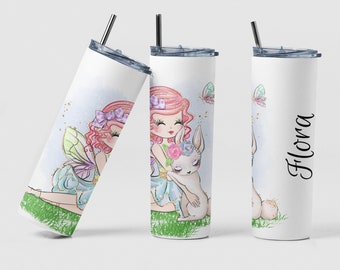 Easter Rabbit Fairy Custom Coffee Travel Tumbler Cup Kids Girls Gift, Personalized Fairy Garden Tea Tumbler Cup Easter Gift Basket Filler