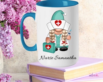 Gnome Nurse Doctor Custom Ceramic Coffee Travel Mug Gift for Friend, Personalized Doctor Nurse Gnome Tea Cup Nursing Medical Student Gift