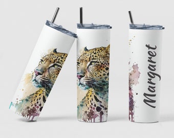 Leopard Tumbler Custom Travel Coffee Cup Birthday Mama Gift, Personalized Colorful Cat Leopard Design Tumbler with Straw Gift for Teacher