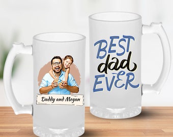 Father's Photo Beer Mug, Custom Cartoon Father's Frosted Beer Stein Mug Gift, Personalized First Father's Day Funny Beer Mug Gift
