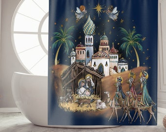 Christmas Bathroom Shower Curtain Nativity Home Decor for Housewarming Gift Christmas Home Decor Gift Holiday Shower Curtain Xmas