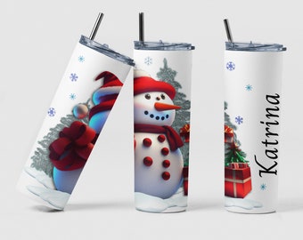 Snowman Presents Custom Coffee Travel Tumbler Cup Christmas Gift, Personalized Unique Christmas Snowman Design Tumbler Cup with Straw Gift