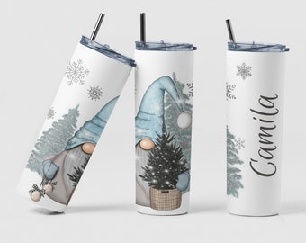 Winter Gnome Custom Coffee Travel Tumbler Cup Christmas Gift, Personalized Christmas Tree Gnome Scene Tea Tumbler Cup Holiday Gift