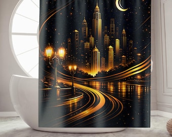 Art Deco Shower Curtain | Masculine City Skyline Bathroom Decor | Luxury Navy Gold Hotel Style | Modern Vintage Urban Curtain