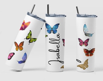 Butterflies Tumbler, Custom Cute Colored Butterfly Coffee Tumbler with Straw Gift for Women, Personalized Butterfly Tumbler Gift with Name