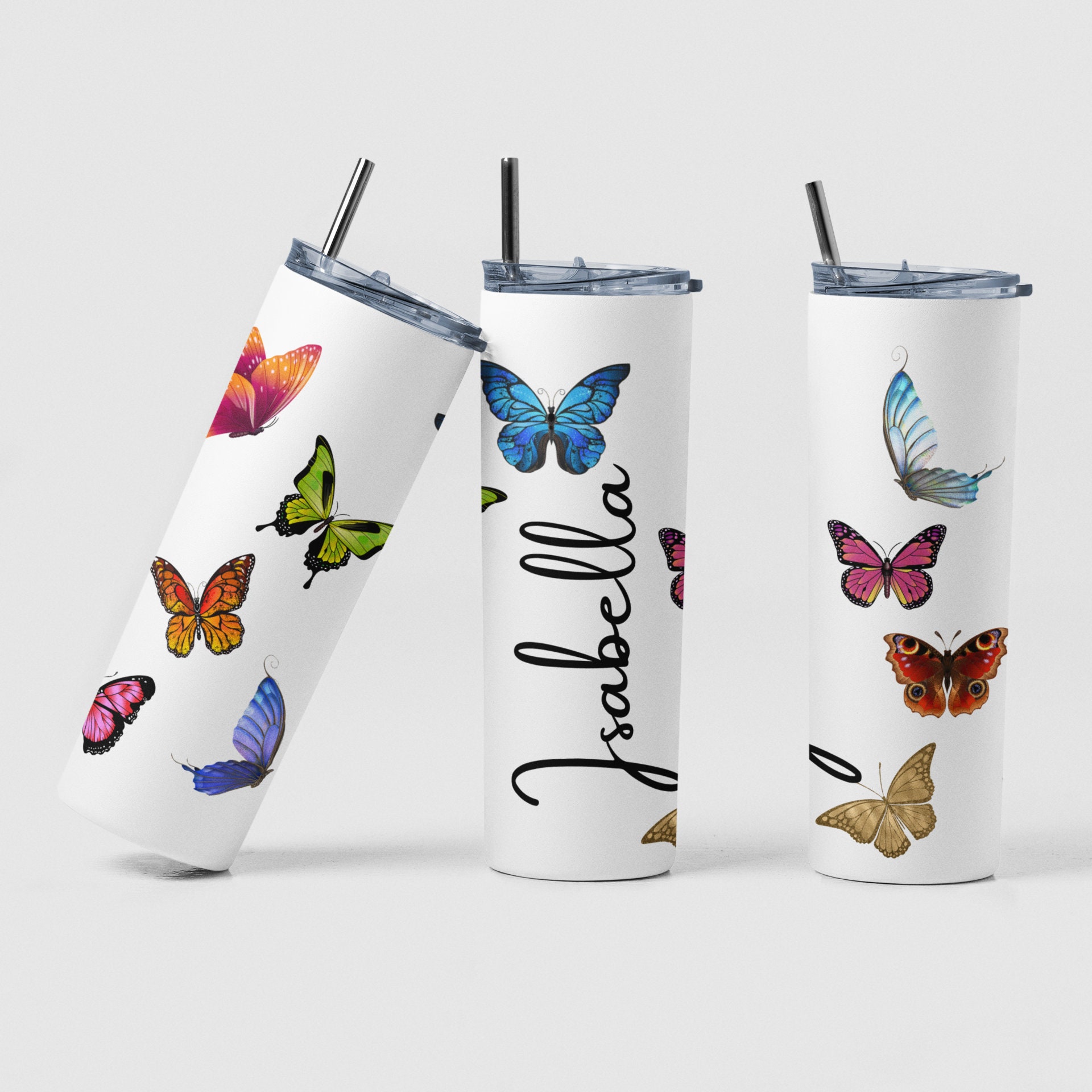 Butterflies Tumbler, Custom Cute Colored Butterfly Coffee Tumbler with  Straw Gift for Women, Personalized Butterfly Tumbler Gift with Name