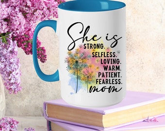 Strong Mom Affirmation Custom 15oz Ceramic Coffee Mug Birthday Gift, Personalized Best Mom Life Tea Mug Bonus Step Mother's Day Gift
