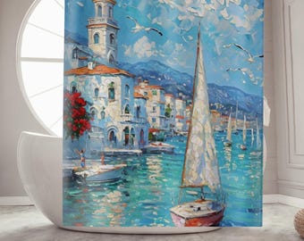 Nautical Shower Curtain Bathroom Decor Sailboat Curtain Beach House Decor Ocean Curtain Housewarming Gift Coastal Shower Nautical Theme