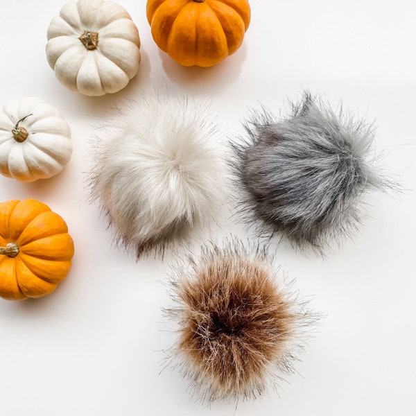 Off White Faux Fur Pom Pom with Snap Button, Detachable Pom for Hats