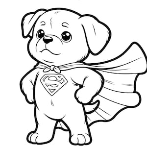 Op de afbeelding: Een zwart-witte lijntekening van een cartoonhond die een rode cape draagt met een Superman-logo. De hond staat met zijn poten op de grond en zijn hoofd schuin.