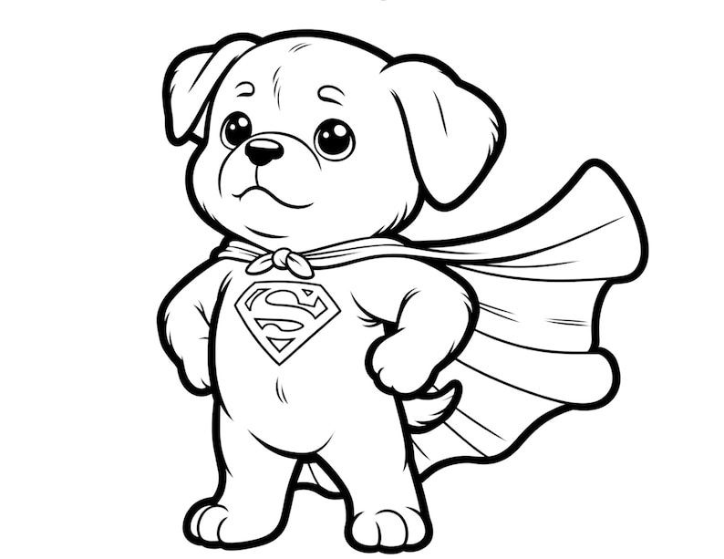 Op de afbeelding: Een zwart-witte lijntekening van een cartoonhond die een rode cape draagt met een Superman-logo. De hond staat met zijn poten op de grond en zijn hoofd schuin.