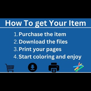 Op de afbeelding: Een blauwe achtergrond met witte tekst die "How To get Your Item" luidt.  De tekst wordt gevolgd door een genummerde lijst met instructies: 1. Koop het item, 2. Download de bestanden, 3. Print je pagina's, 4. Begin met kleuren en geniet ervan.  Onder de lijst staan vier pictogrammen: een winkelwagen, een downloadpijl, een printer en een set kleurpotloden.