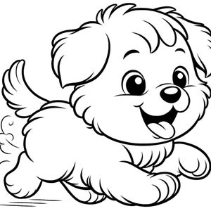 Op de afbeelding: Een zwart-witte lijntekening van een cartoon puppy die rent met zijn tong naar buiten.