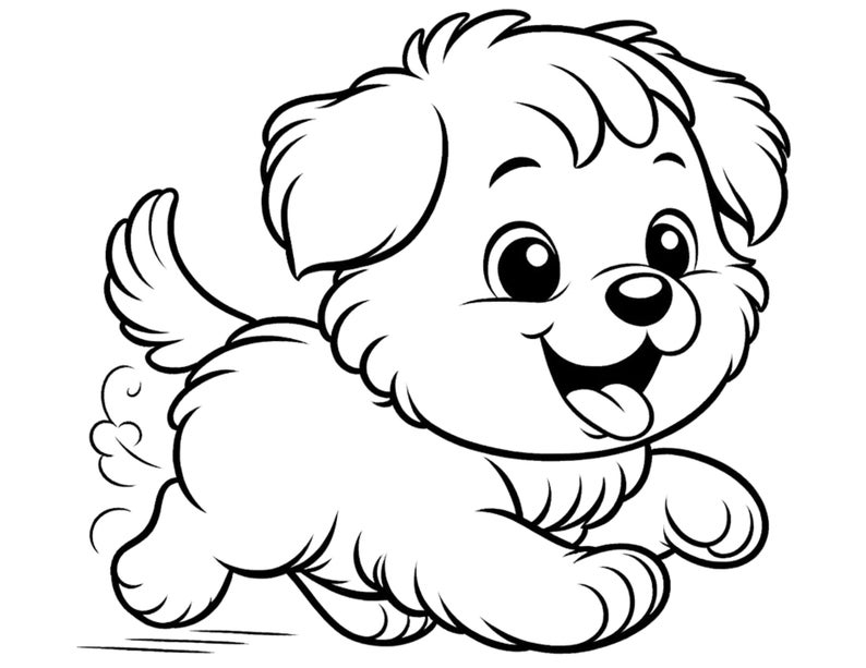 Op de afbeelding: Een zwart-witte lijntekening van een cartoon puppy die rent met zijn tong naar buiten.