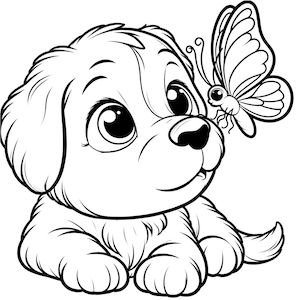 Op de afbeelding: Een zwart-witte lijntekening van een puppy met grote ogen die omhoog kijkt naar een vlinder. De vlinder heeft zijn vleugels uitgespreid en vliegt boven het hoofd van de puppy.