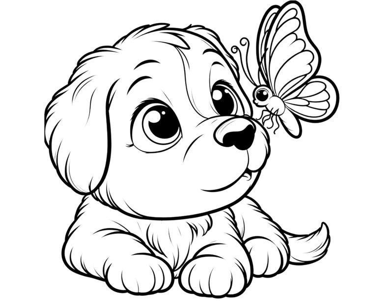 Op de afbeelding: Een zwart-witte lijntekening van een puppy met grote ogen die omhoog kijkt naar een vlinder. De vlinder heeft zijn vleugels uitgespreid en vliegt boven het hoofd van de puppy.