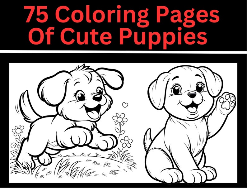 Op de afbeelding: Zwart-witte lijnillustratie van twee schattige puppy's. E&eacute;n puppy rent en de andere zit met zijn poot omhoog. De afbeelding heeft de titel "75 kleurplaten met schattige puppy's".