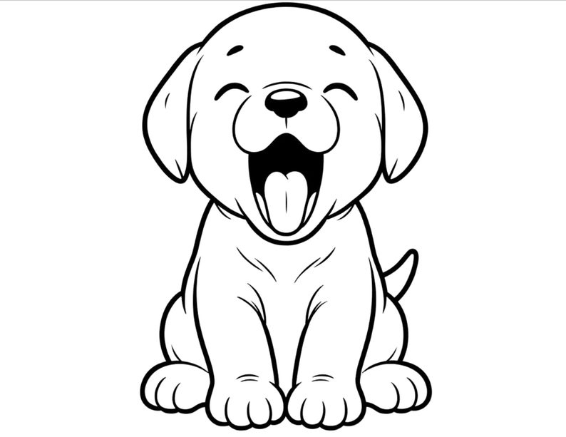 Op de afbeelding: Een zwart-witte lijntekening van een cartoon puppy met zijn bek open en zijn tong eruit. De puppy zit met zijn poten gekruist en heeft een gelukkige uitdrukking op zijn gezicht.