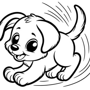 Op de afbeelding: Een zwart-witte lijntekening van een cartoon puppy met grote ogen en een uitstekende tong. De puppy rent in een cirkel, met bewegingslijnen erachter.