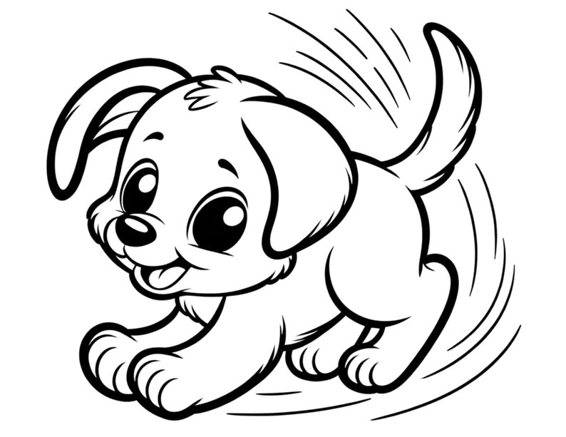 Op de afbeelding: Een zwart-witte lijntekening van een cartoon puppy met grote ogen en een uitstekende tong. De puppy rent in een cirkel, met bewegingslijnen erachter.
