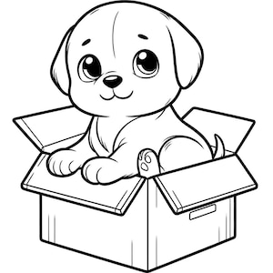 Op de afbeelding: Een zwart-witte lijntekening van een puppy die in een kartonnen doos zit. De puppy heeft grote ogen en een schattige uitdrukking.