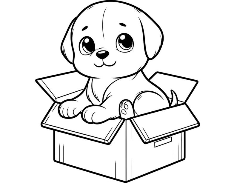 Op de afbeelding: Een zwart-witte lijntekening van een puppy die in een kartonnen doos zit. De puppy heeft grote ogen en een schattige uitdrukking.