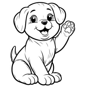 Op de afbeelding: Een zwart-witte lijntekening van een cartoon puppy met zijn poot in de lucht. De puppy glimlacht en heeft een gelukkige uitdrukking.