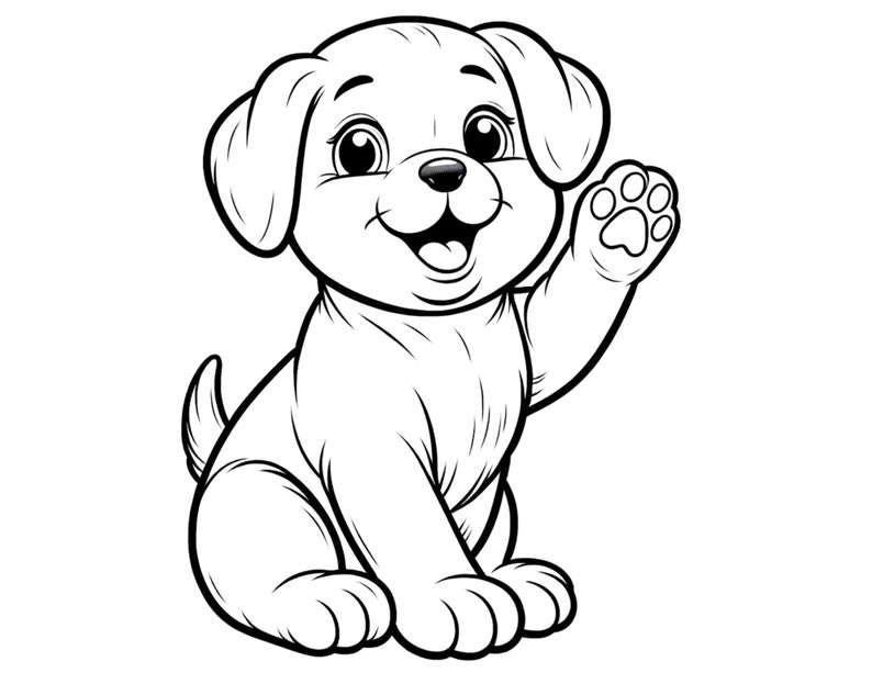 Op de afbeelding: Een zwart-witte lijntekening van een cartoon puppy met zijn poot in de lucht. De puppy glimlacht en heeft een gelukkige uitdrukking.