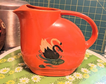 Vintage Orange Knowles Utility Ware Pitcher Meyercord Swan Decals Rare MCM