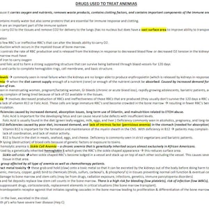 May include: A yellow and black chart with the title "Drugs Used to Treat Anemias". The chart explains the different types of anemia, including iron deficiency anemia, megaloblastic anemia, and hemolytic anemia. It also lists the causes, symptoms, and treatments for each type of anemia.