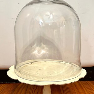 Vintage 20" Ivory Cast Iron Pedestal Display w/ Blown Glass Cloche Dome Bell * Large Pedestal Plate w/ Cover Lid