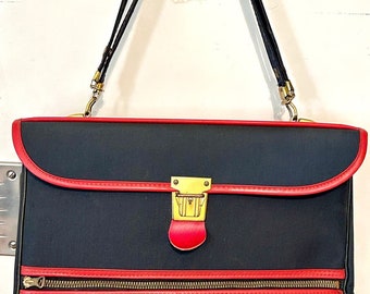 Stylish Vintage Samsonite Navy & Red Carry On Travel Bag w/ Plastic Lining Perfect for Toiletries