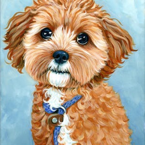 Peut inclure: Peinture d'un petit chien touffu avec une fourrure brune et de grands yeux sombres. Le chien porte un collier bleu avec une boucle marron. Le fond est bleu clair et doux.