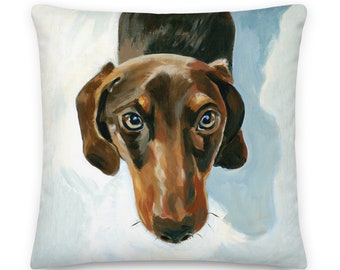 Dachshund, premium pillow. Beautiful print of my original painting on both sides. Invisible zipper and the case is washable.