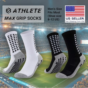 May include: Three pairs of athletic socks with non-slip grips on the bottom. The socks are white, black, and gray. The socks are designed for men's sizes 8-12 US. The text "BATHLETE MAX GRIP SOCKS" is at the top of the image. The text "US SELLER Fast Shipping From USA" is at the top right of the image.