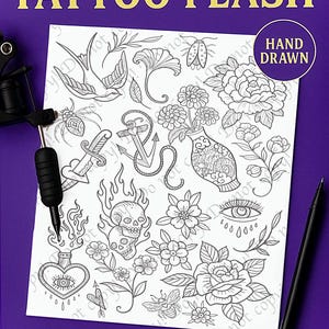 Hand Drawn Tattoo Flash Sheet – Traditional Line Art (Digital Download)