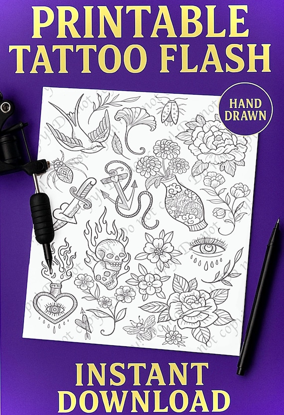 Traditional tattoo flash sheet, digital line art download, commercial use, logo idea