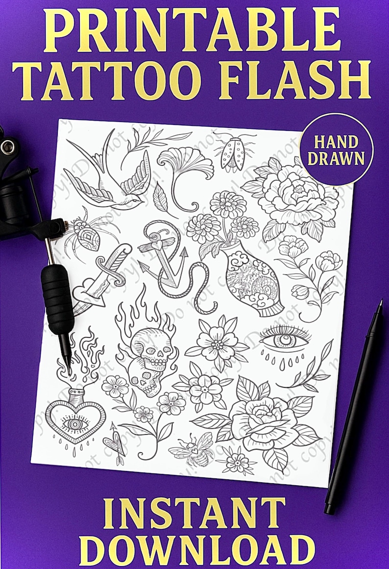 Hand Drawn Tattoo Flash Sheet – Traditional Line Art (Digital Download)