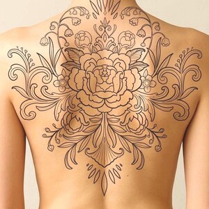 Ornamental Floral Tattoo Design, Peony Back Piece Stencil (Digital Download)