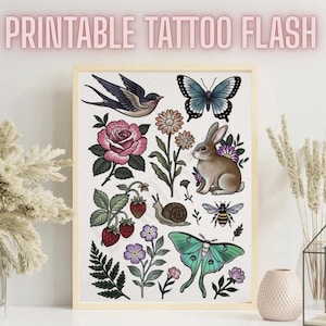 May include: Printable tattoo flash art print featuring a variety of nature-inspired designs. The artwork includes a swallow, butterfly, rose, daisy, rabbit, strawberries, snail, bee, and moth. The text "PRINTABLE TATTOO FLASH" is at the top.
