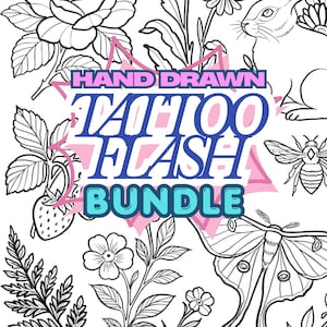 May include: A black and white line art illustration featuring a rabbit, a moth, a bee, strawberries, and various flowers. Centered is a pink starburst shape with the text HAND DRAWN TATTOO FLASH BUNDLE in blue and light blue lettering.