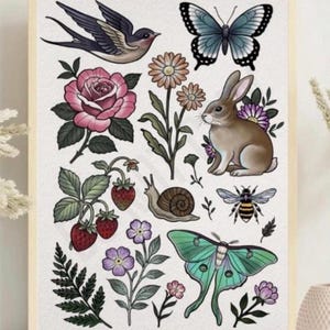 Lámina de diseños de tatuajes inspirados en la naturaleza: Flores e insectos dibujados a mano (Descarga digital)