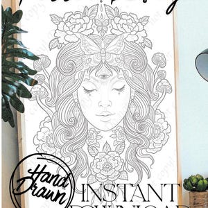 Puede incluir: Impresión de diseño de tatuaje en blanco y negro con un rostro de mujer con elementos florales y mariposas. Se ven las palabras "Tattoo Design", "Hand Drawn" e "Instant Download".