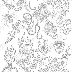 Hand Drawn Tattoo Flash Sheet – Traditional Line Art (Digital Download)