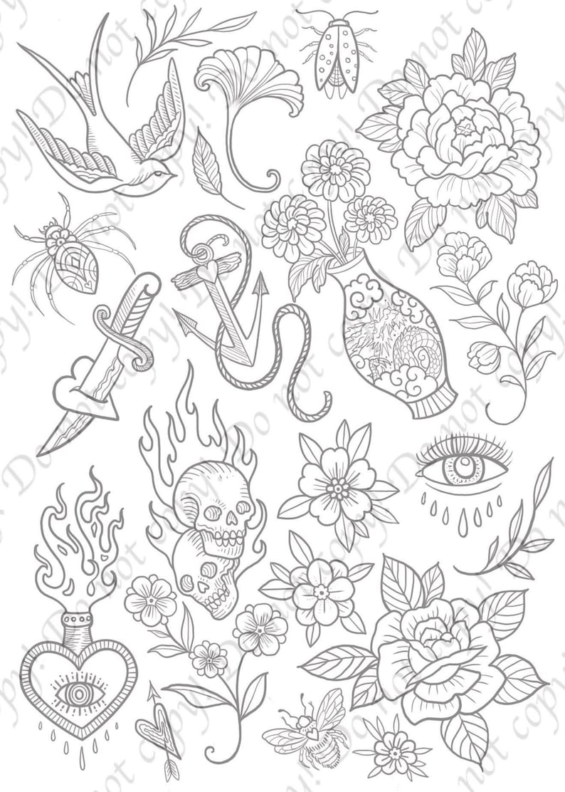 Hand Drawn Tattoo Flash Sheet – Traditional Line Art (Digital Download)