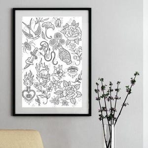 Hand Drawn Tattoo Flash Sheet – Traditional Line Art (Digital Download)
