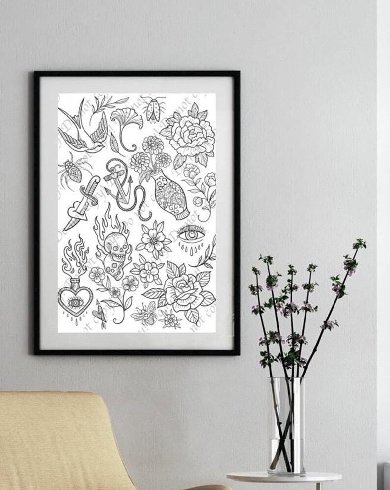 Hand Drawn Tattoo Flash Sheet – Traditional Line Art (Digital Download)