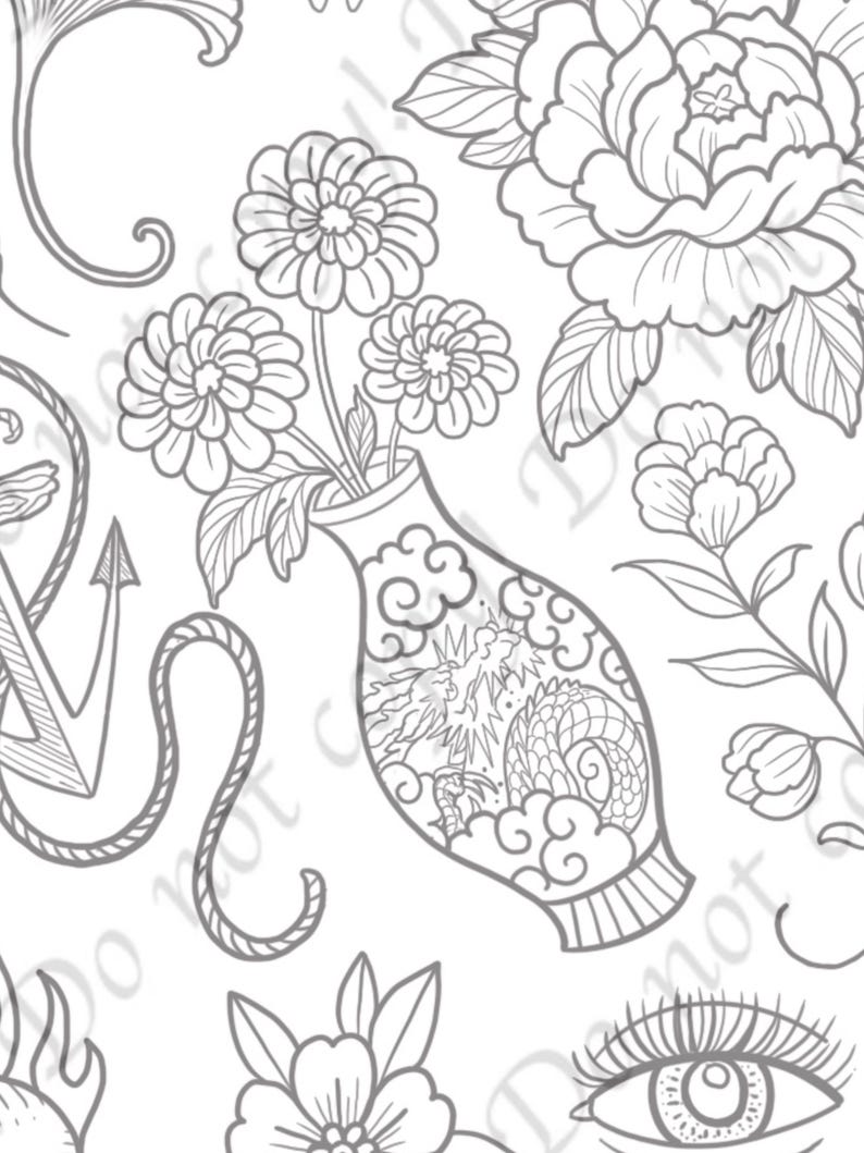 Hand Drawn Tattoo Flash Sheet – Traditional Line Art (Digital Download)